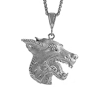2 1/8 inch Large Sterling Silver Wolfs Head Pendant for Men Diamond Cut finish