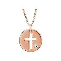 Solitaire .03 Cttw Diamond Pierced Cross Crucifix Disc Charm Pendant Chain Necklace Adjustable 16