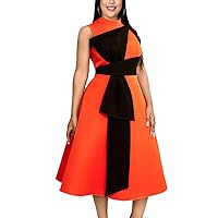 Women's Elegant Bow Tie High Neck Sleeveless A-Line Swing Midi Dress Color Block Evening Party Dresses ChurchGown