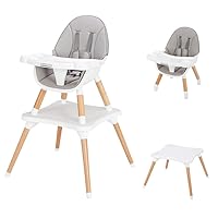 JOYMOR 5-in-1 Convertible Baby High Chair for Babies to Toddlers, Table and Chair Set, Wooden Infant Eating Highchair with Leather Seat Cushion, 4-Position Removeable & Adjustable Tray (Grey)