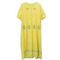 Bohemian Dress Women Summer Embroidered Flowers Cotton O Neck Long Sleeves Loose Casual