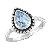 YoTreasure Blue Topaz Solid 925 Sterling Silver Teardrop Ring Genuine Gemstone Jewelry For Women or Girls Hypoallergenic