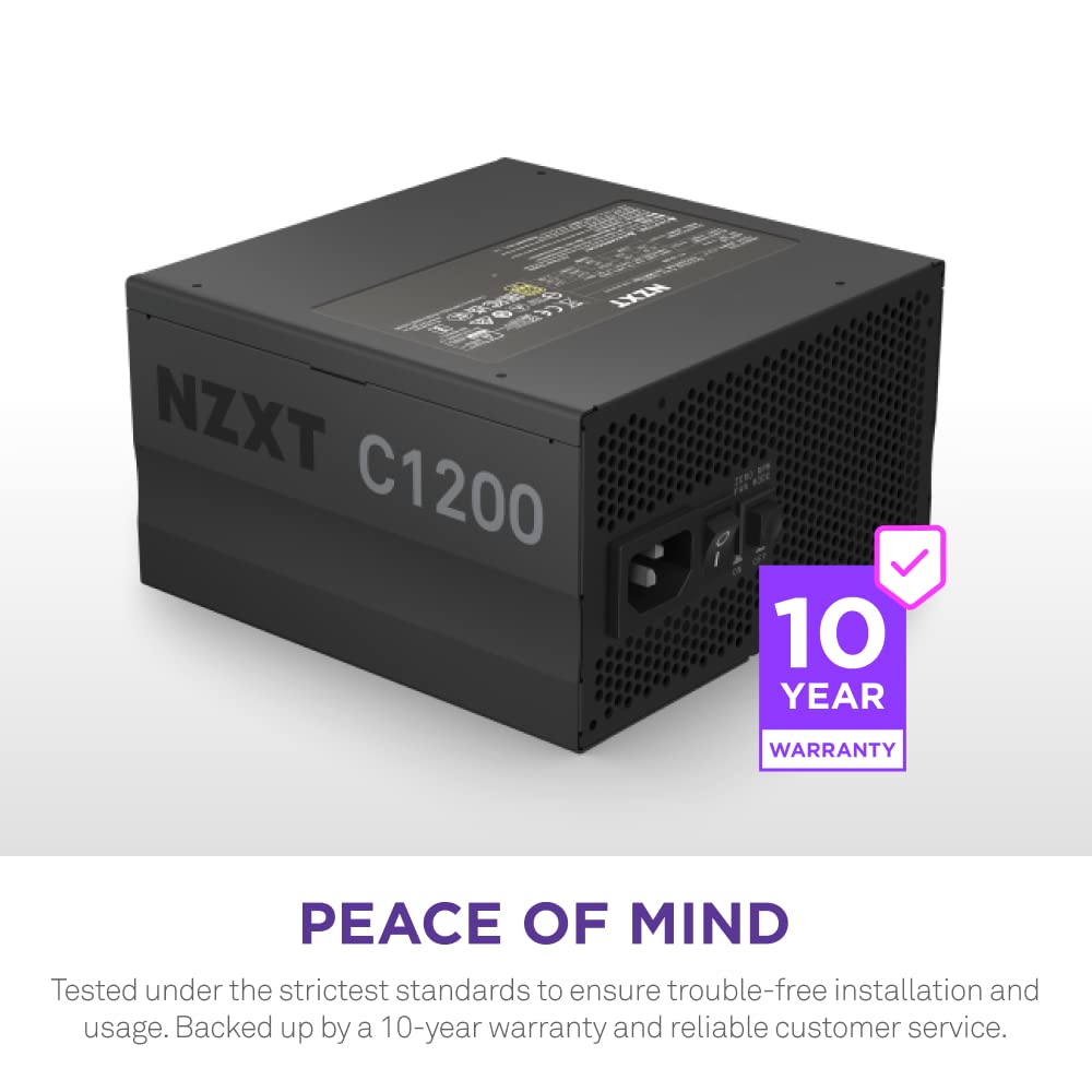NZXT C1200 PSU - 1200 Watt Gaming PC Power Supply – ATX 3.0 – PCIe 5.0 12VHPWR Connector – 80 Plus Gold Efficiency – Fully Modular – Zero Fan Mode – Black Sleeved Cables – 10 Year Warranty – Black