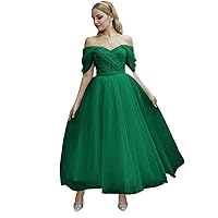 Women's Beaded Tulle Tea Length Prom Dresses Off Shoulder Ball Gowns Sweetheart Formal Evening Gowns