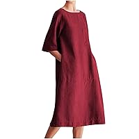 Cotton Linen Dresses for Women Casual Summer 2023 Fashion t-Shirt Midi Dress Half Sleeve Crewneck Loose Baggy Sundress