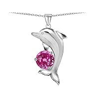Round 7mm Created Pink Sapphire Good Luck Dolphin Pendant Necklace Sterling Silver