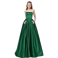 A-Line Strapless Satin Prom Dresses with Beaded Pockets for Women Long Pleated Lace Up Back Formal Evening Dress