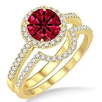 2 Carat Ruby & Diamond Halo Bridal Set Engagement Ring on 10k Yellow Gold