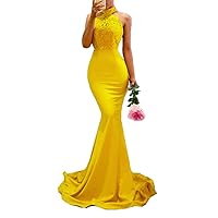 Women's Satin Lace Backless Evening Prom Dresses Mermaid Formal Party Dress