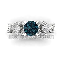 Clara Pucci 2.0ct Round Cut 3 stone Natural London Blue Topaz Engagement Promise Anniversary Bridal Ring Band set 18K White Gold