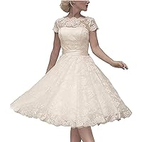 Women's Cocktail Dress Floral Lace Ankle Length Short Formal Wedding Bridal Gown with Button and Sashes