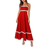 Boho Summer Dresses 2024 Vacation Spaghetti Strap Backless RIC Rac Trim Tiered A-Line Long Casual Swing Sundress Maxi Dresses