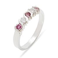 Solid 925 Sterling Silver Real Genuine Pink Tourmaline & Diamond Womens Band Ring (0.11 cttw, H-I Color, I2-I3 Clarity)