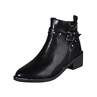 OJUS Ankle Boots for Women Winter Snow Boots Flock Solid Color Short Boots Chunky Heel Middle Heel Round-Toe Boots