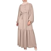 Women's Solid Color Puff Sleeve O Neck Maxi Muslim Dress with Belt