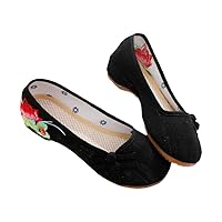 Traditional Women Pumps Cotton Fabric Loafers Ethnic Embroidery Canvas Casual Shoe Vintage Button Lady Wedges Shoe Black 9