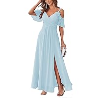 RYANTH Women's Cold Shoulder Bridesmaid Dresses Long Summer Side Slit Chiffon Formal Evening Gown with Pockets