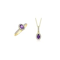 Matching Jewelry Yellow Gold Plated Silver Halo Pendant Necklace & Matching Ring. Gemstone & Diamonds, 18