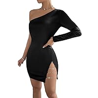 Womens Fall Fashion 2022 One Shoulder Chain Detail Split Hem Satin Bodycon Dress (Color : Black, Size : X-Small)