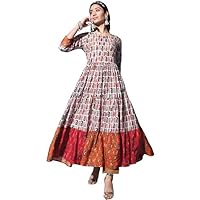 Cream Color Chanderi Tiered Foil Print Partywear Indian Women's Gown