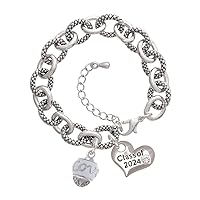 Silvertone Message on White Spinners - Class of 2024 Heart Charm Link Bracelet, 7.25+1.25