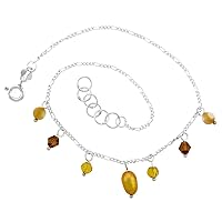 Sterling Silver Anklet Natural Citrine Beads Gold Pearl Brown Bicone Crystals, Adjustable 9-10 inch