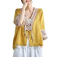 Chinese Style Embroidery Linen Cardigan V Neck Shirt National Loose Women Hanfu Tang Suit Vintage Blouse Tops