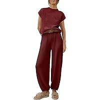 Women's Short Sleeve Casual Sweater Shirts Pockets Leggings Set Pant Suits Sweat Suit For Women 2 Piece Set
