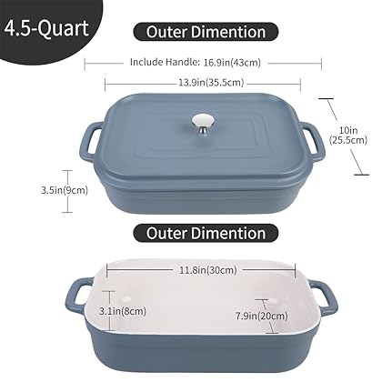 16.9x10 Inch ,4.5 quart， Ceramic Casserole Dish with Lid, Large bakeware with ,Covered Rectangular Casserole Dish Set, Lasagna Pans with Lid for Cooking, Baking dish With Lid for Dinner, Kitchen Christmas box gift; present; souvenir friend Men friends get