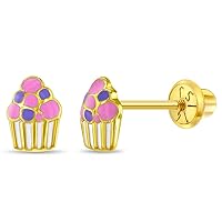 14k Yellow Gold Colorful Enamel Cupcake Screw Back Earrings for Toddlers & Young Girls - Multicolor Fun & Fashionable Screw Backs for Children & Kids
