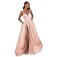 Women's Satin Prom Dresses Long Ball Gown V Neck High Slit Ruched Corset Formal Party Dress with Pockets