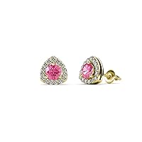 Round Pink Tourmaline Natural Diamond 1/2 ctw Trillion Shape Stud Earrings 14K Yellow Gold