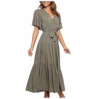 Womens Summer Casual Dress Short Sleeve Crewneck Swing Beach Dresses Fit & Flare Flowy Tiered Maxi Tshirts Dress with Pockets