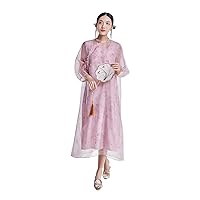 Improved Hanfu Dress Women's Silk Organza Floral Printed Pink Dress Chinese Traditional Loose Dress 2554