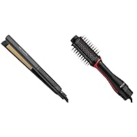 Revlon Smooth Brilliance Ceramic Hair Flat Iron | Smooth Glide and Ultra-Sleek Sylas, (1 in) & One Step Volumizer Plus 2.0 Hair Dryer and Hot Air Brush | Dry and Style (Black)