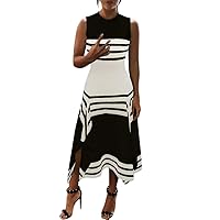LEKODE Midi Dress Women's Striped Crewneck Skirt