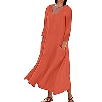 Women's Summer Dresses 2024 Casual Solid Colour Comfortable 3/4 Sleeve Pocket Dress Red, S-5XL