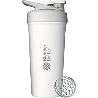 BlenderBottle Strada Shaker Cup Insulated Stainless Steel Water Bottle with Wire Whisk, 24-Ounce, White