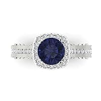 2.05 ct Round Cut Solitaire W/Accent Halo Simulated Blue Sapphire Statement Anniversary Promise Wedding ring 18K White Gold