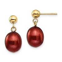 14k Gold Brown Freshwater Cultured Pearl Long Drop Dangle Earrings Jewelry for Women in Yellow Gold and 6-6.5mm 7-7.5mm 8-8.5mm