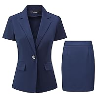 YUNCLOS Women's 2 Pieces Office Suit Set Double Breasted Short Sleeve Blazer and Skirt for Summer