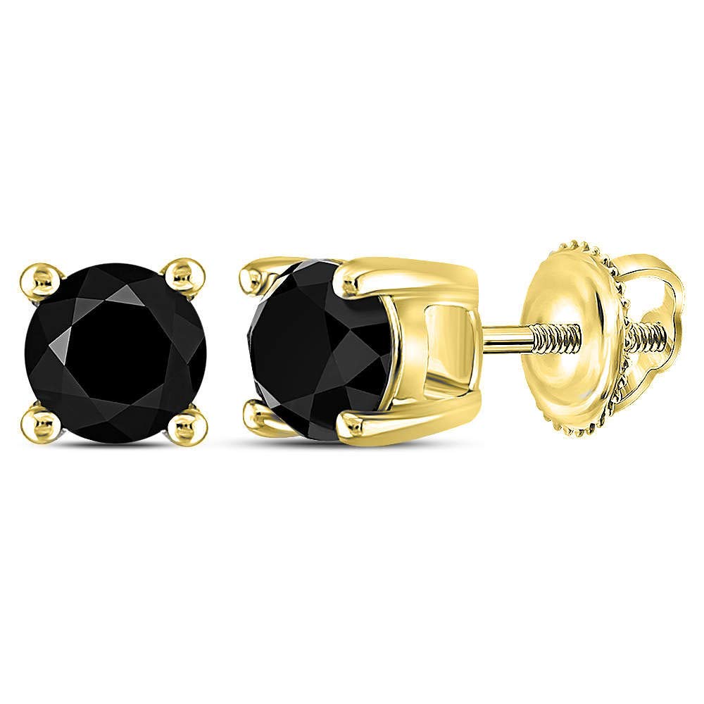 The Diamond Deal 10kt Yellow Gold Unisex Round Black Color Enhanced Diamond Solitaire Stud Earrings 1.00 Cttw