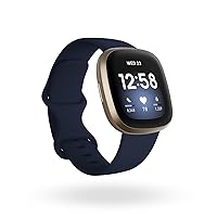 Versa 3 Health & Fitness Smartwatch with GPS, 24/7 Heart Rate, Alexa Built-in, 6+ Days Battery, Midnight Blue/Gold, One Size (S & L Bands Included)