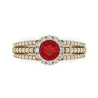 1.95ct Brilliant Round Cut Halo Solitaire Simulated Red Ruby designer Modern Statement with accent Ring Solid 14k Yellow Gold