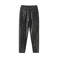 Women's PU Leather Pocket Full Length Pants High Street Style Stretch Waist Leather Pants