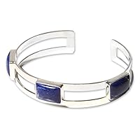 NOVICA Artisan Handmade Lapis Lazuli Cuff Bracelet Blue Sterling Silver Peru Jewelry Royal Birthstone [6in L End to End x 0.5in W] 'Three Wishes'