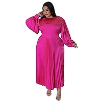 Large European and American Women's Clothing, Popular Autumn and Winter Styles, Pleated Round Neck Long Dress, Long Sleeves