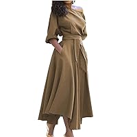 Summer Oblique Shoulder Collar Strap Waist Temperament Solid Color Dress Female Dresses for Women