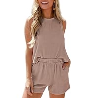 SHEWIN Two Piece Sets for Women 2024 Casual Summer Crewneck Striped Sleeveless Tops and Shorts Romper with Pockets