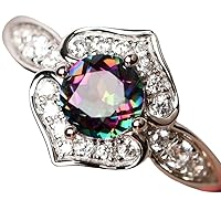 Solid 925 Sterling Silver & Natural Mystic Topaz 6x6mm Round Shape Fine Step Cut November Birthstone Engagement Ring for Men & Women. (Choose Your Size) |LW_GSR_0627